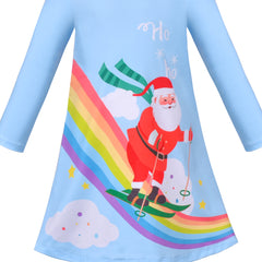 Girls Dress Blue Christmas Rainbow Santa Claus Skiing Snow New Year Size 3-7 Years