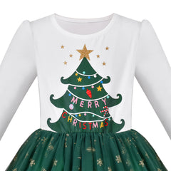 Girls Dress Green Christmas Tree Snowflake Holiday Tutu Long Sleeve Size 4-8 Years