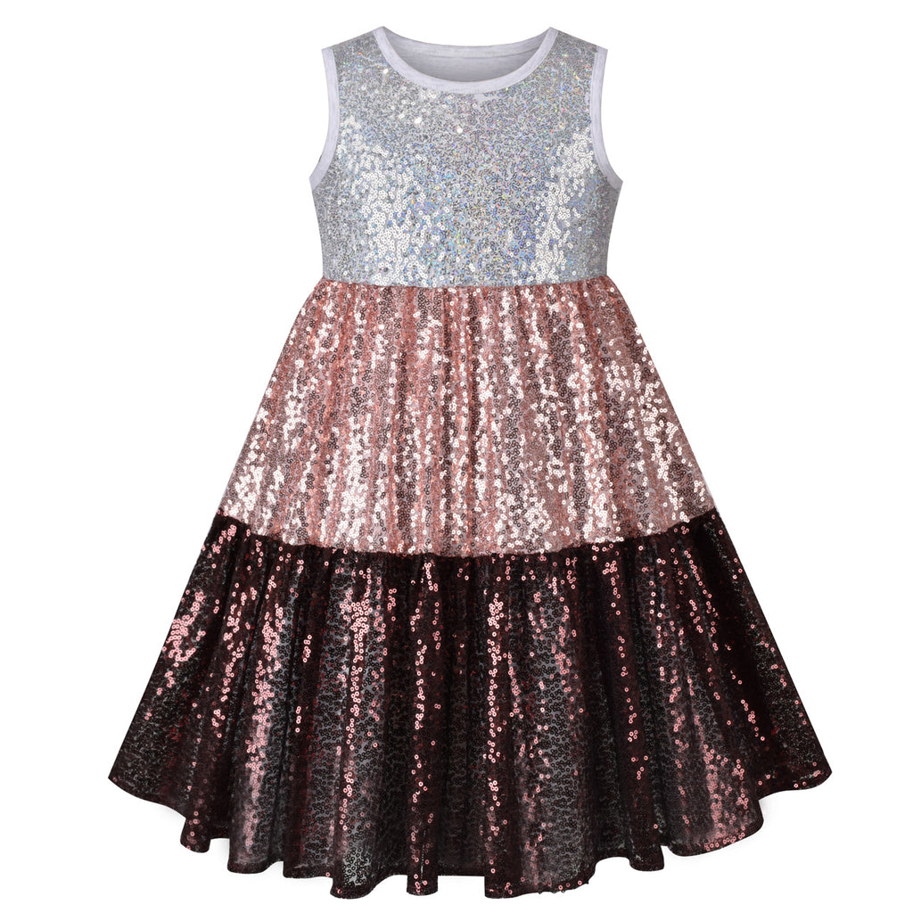 Girls Dress Silver Brown Shiny Glitter Sequin Color Block Sleeveless Size 5-10 Years