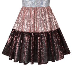 Girls Dress Silver Brown Shiny Glitter Sequin Color Block Sleeveless Size 5-10 Years