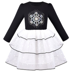 Girls Dress Black Snowflake Polka Dot Xmas Long Sleeve Tulle Skirt Size 6-12 Years