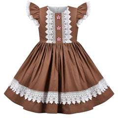Girls Dress Vintage Brown Floral Trim Embroidery Candy Canes Flutter Size 4-8 Years