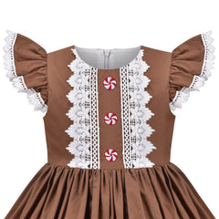Girls Dress Vintage Brown Floral Trim Embroidery Candy Canes Flutter Size 4-8 Years