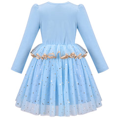 Girls Dress Blue Sparkle Sequin Reindeer Elk Xmas Long Sleeve Tulle Skirt Size 5-10 Years