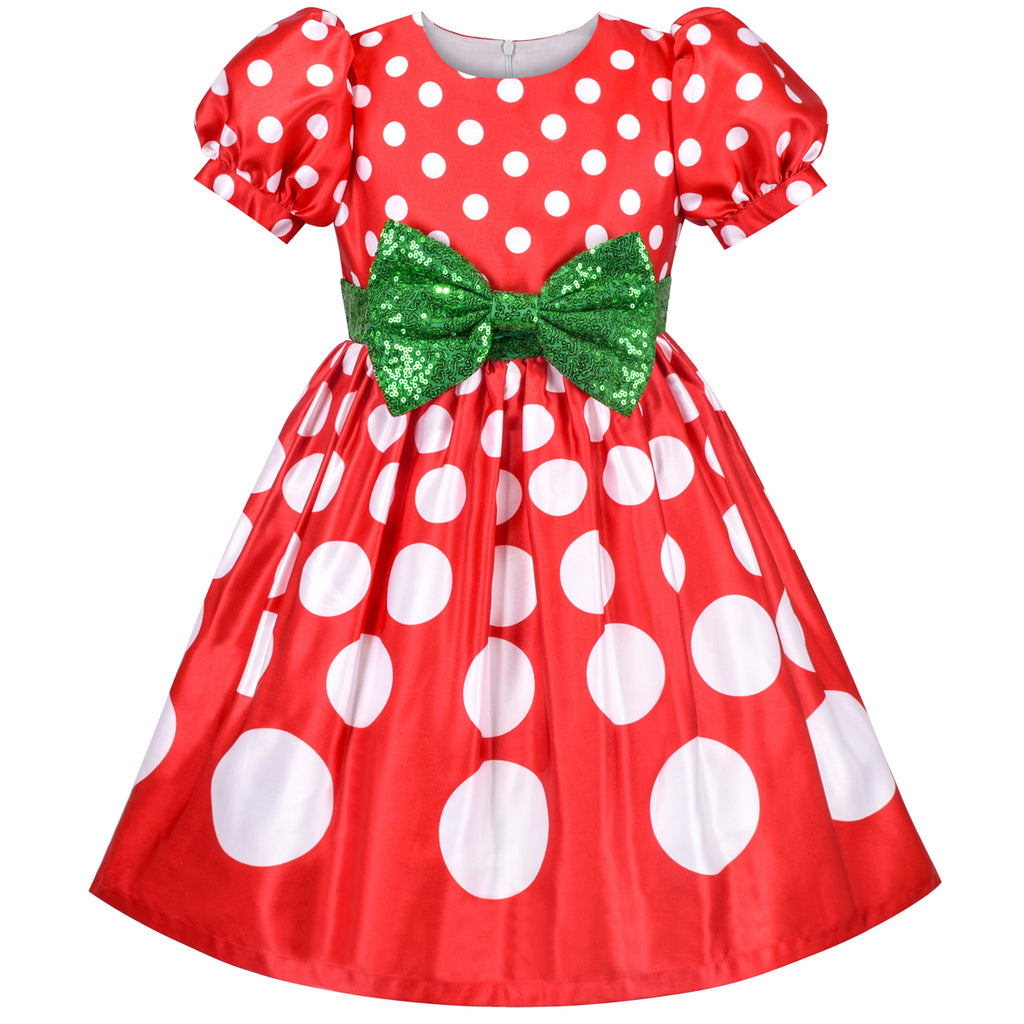 Girls Dress Retro Vintage 50s Red Polka Dot Bow Xmas Red Green Size 6-12 Years