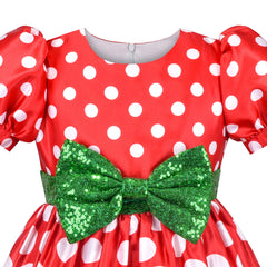 Girls Dress Retro Vintage 50s Red Polka Dot Bow Xmas Red Green Size 6-12 Years