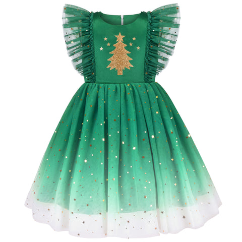 Girls Dress Green Christmas Tree Golden Star Glitter Party Pageant Ruffle Size 5-10 Years
