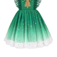 Girls Dress Green Christmas Tree Golden Star Glitter Party Pageant Ruffle Size 5-10 Years