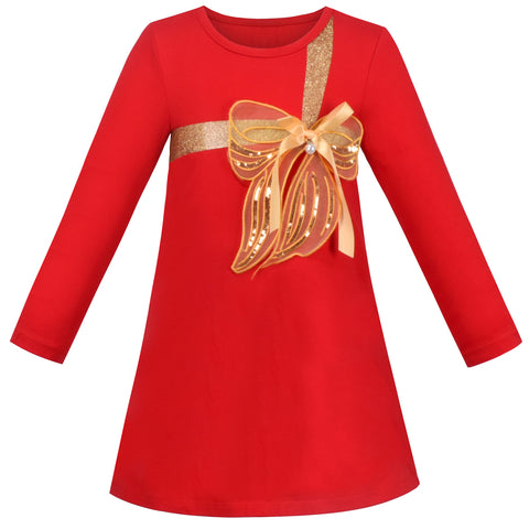 Girls Dress Red Christmas Golden Butterfly Bow Tie Long Sleeve Cotton Size 4-8 Years