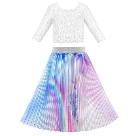 Girls Dress Pleated 2 Piece Set Lace Crop Top Rainbow Unicorn Size 6-12 Years