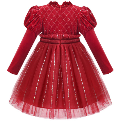 Sunny Fashion Girls Red Rhinestone Puff Sleeve Party Dress