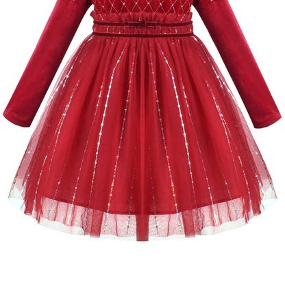 Sunny Fashion Girls Red Rhinestone Puff Sleeve Party Dress