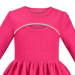 Girls Dress Rose Pink Cable Knit Striped Casual Long Sleeve Cotton Size 6-12 Years