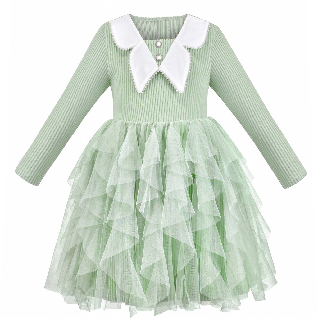 Girls Dress Green Ribbed Knit Pearl Ruffle Casual Long Sleeve Tutu Size 6-12 Years