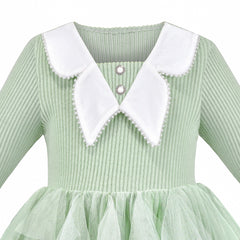 Girls Dress Green Ribbed Knit Pearl Ruffle Casual Long Sleeve Tutu Size 6-12 Years
