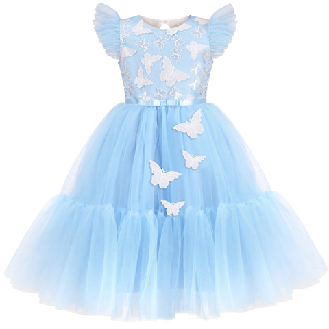 Girls Dress Blue Butterfly Embroidery Hollow Back Pearl Lined Size 6-12 Years