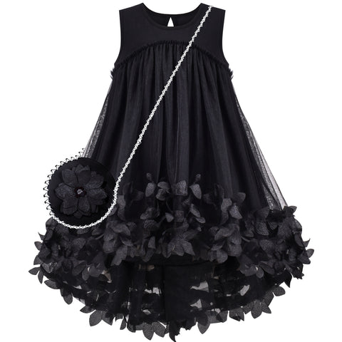 Girls Dress Black Cross Body Bag A-Line Sleeveless 3D Flower Size 5-10 Years