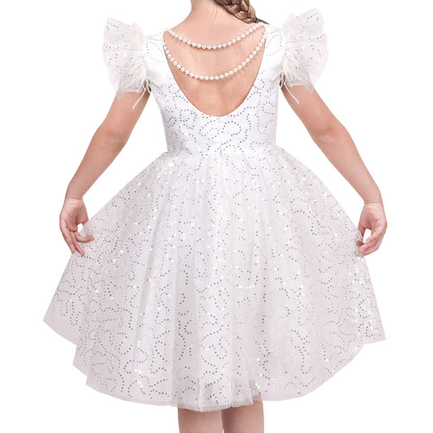 Girls Dress White Pearl Glitter Wedding Bridesmaid Pageant Hollow Back Size 6-12 Years