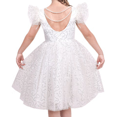 Girls Dress White Pearl Glitter Wedding Bridesmaid Pageant Hollow Back Size 6-12 Years