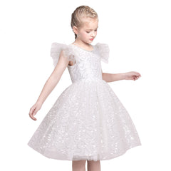 Girls Dress White Pearl Glitter Wedding Bridesmaid Pageant Hollow Back Size 6-12 Years