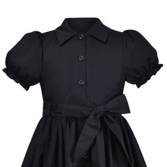 Girls Dress Black Bow Tie Belt School Uniform Front Button Short Sleeves Size 4-8 Years