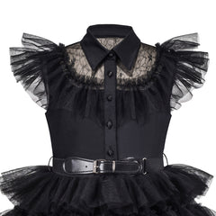 Girls Dress Black Lace Cake Multilayered Leather Belt Tutu Tulle Size 6-14 Years