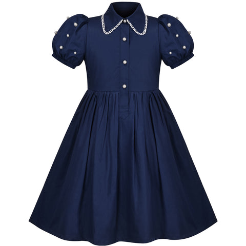 Girls Dress Navy Blue School Uniform Front Button Pearl Short Sleeve Size 4-8 Years