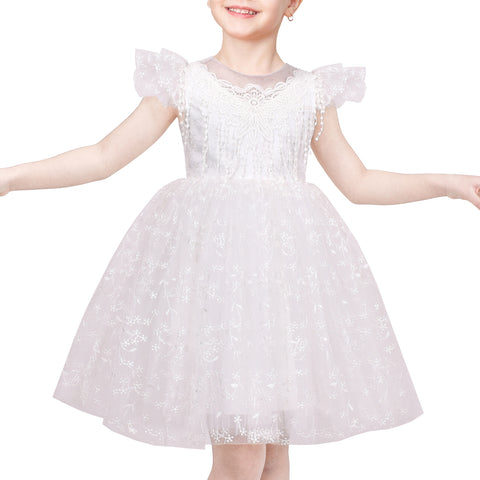 Girls Dress White Lace Floral Tassel Princess Wedding Bridesmaid Pageant Size 6-12 Years
