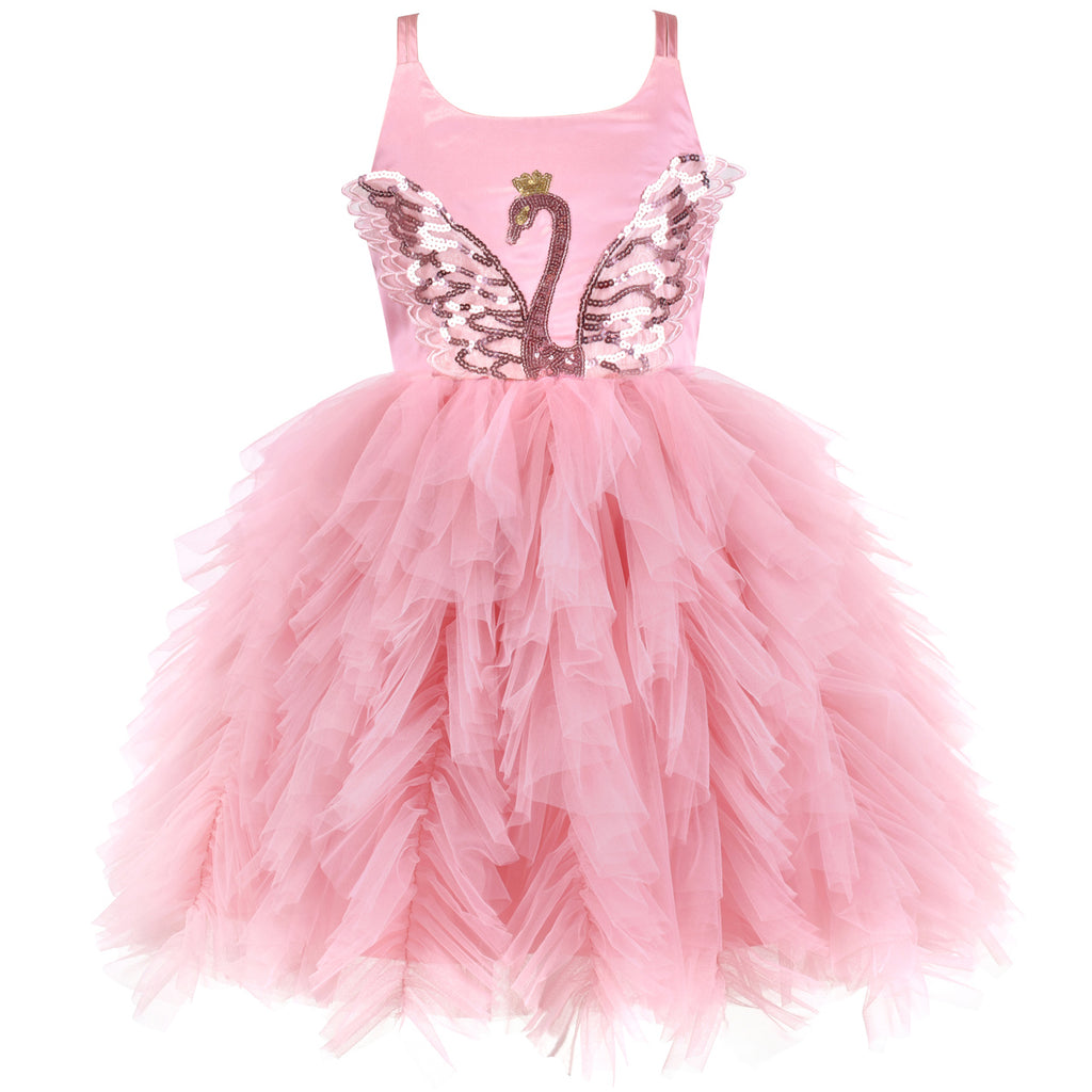 Girls Dress Pink Swan Sequin Halter Ruffle Backless Criss Cross Hollow Size 4-8 Years