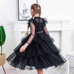 Girls Dress Black Lace Long Sleeve Organza Ruffle Polka Belt Size 6-12 Years