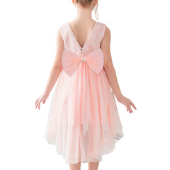 Girls Dress Pink Floral Lace Pearl V-back Bow Hi-lo Party Wedding Formal Size 5-10 Years