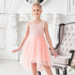 Girls Dress Pink Floral Lace Pearl V-back Bow Hi-lo Party Wedding Formal Size 5-10 Years