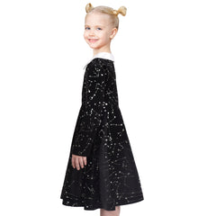 Girls Dress Black Glitter Star White Collar Vintage Long Sleeve Casual Size 6-12 Years