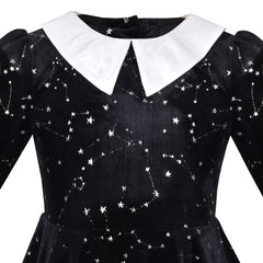 Girls Dress Black Glitter Star White Collar Vintage Long Sleeve Casual Size 6-12 Years