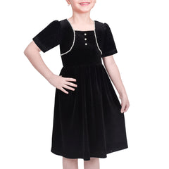 Girls Dress Black Velvet Short Sleeve Pearl Vintage Party Casual Holiday Size 6-12 Years