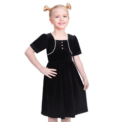 Girls Dress Black Velvet Short Sleeve Pearl Vintage Party Casual Holiday Size 6-12 Years