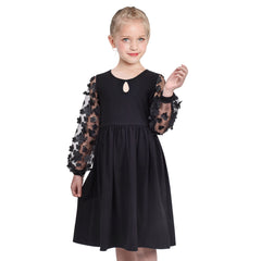 Girls Dress Black Floral Lace Sheer Mesh Long Sleeve Hollow V-back Size 5-10 Years
