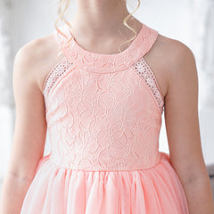 Girls Dress Pink Flower Lace Halter Princess Wedding Bridesmaid Tulle Size 6-12 Years