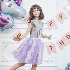 Girls Dress Gray Unicorn Embroidered Purple Pleated Tulle Birthday Party Size 4-8 Years