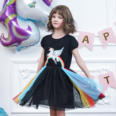 Girls Dress Black Rainbow Embroidery Unicorn Cotton Tulle Tutu Birthday Size 4-8 Years