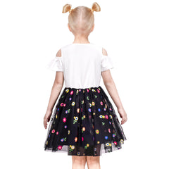 Girls Dress White Black Floral Cold Shoulder Tutu Casual Everyday Size 4-8 Years