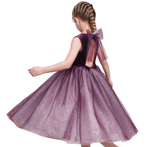 Girls Dress Purple V-neck Backless Glitter Tulle Pageant Wedding Princess Size 6-12 Years