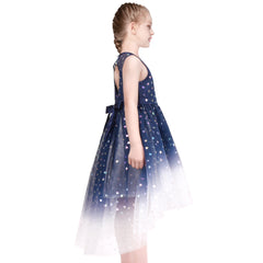 Girls Dress Blue Heart Sequin Hi-low Gradient Hollow Back Bow Party Size 6-12 Years
