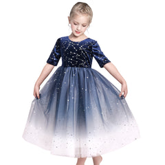 Girls Dress Blue Silver Star Constellation Gradient Bow Tie Princess Size 6-12 Years