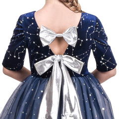 Girls Dress Blue Silver Star Constellation Gradient Bow Tie Princess Size 6-12 Years
