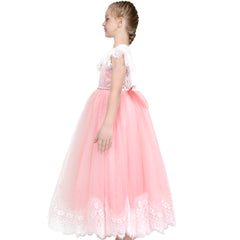 Girls Dress Pink Lace Pearl V-back Bow Tulle Wedding Bridesmaid Size 6-12 Years