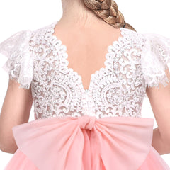 Girls Dress Pink Lace Pearl V-back Bow Tulle Wedding Bridesmaid Size 6-12 Years