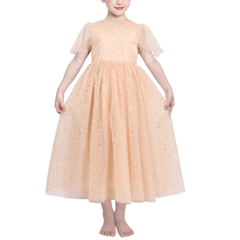 Flower Girls Dress Beige Sparkling Sequin Party Princess Tulle Wedding Size 6-12 Years