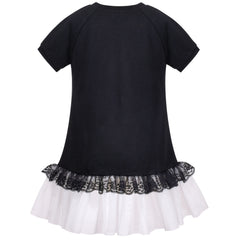 Girls Short Sleeve Black Tee Dress Pearl Lace White Mini Tulle Casual Size 5-10 Years