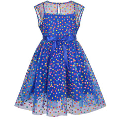 Girls Dress Multicolor Rainbow Classic Polka Dot Blue Tulle Party Gown Size 6-12 Years